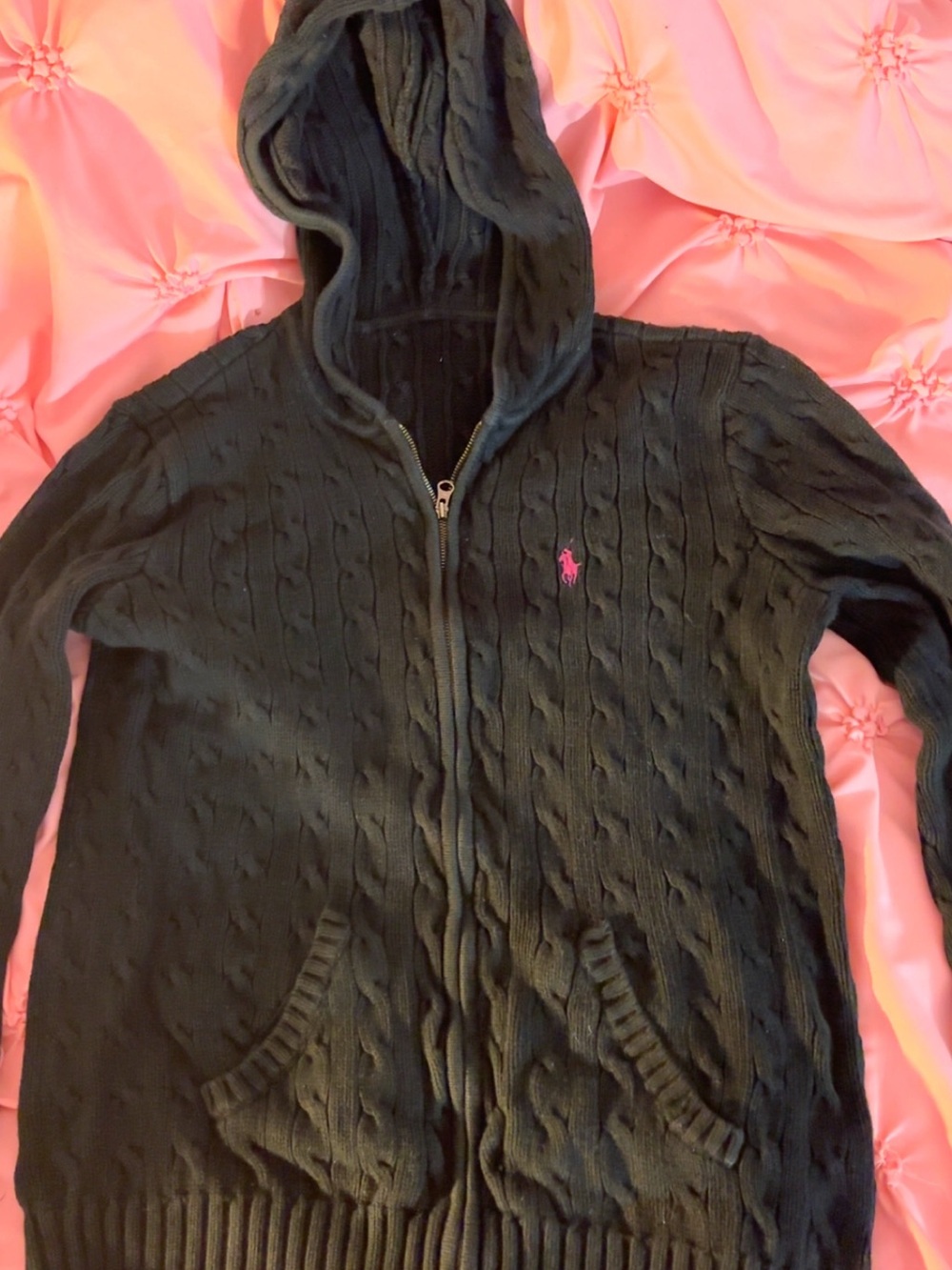 Ralph Lauren Black Cable-Knit Hooded Zip Cardigan with Pink Pony